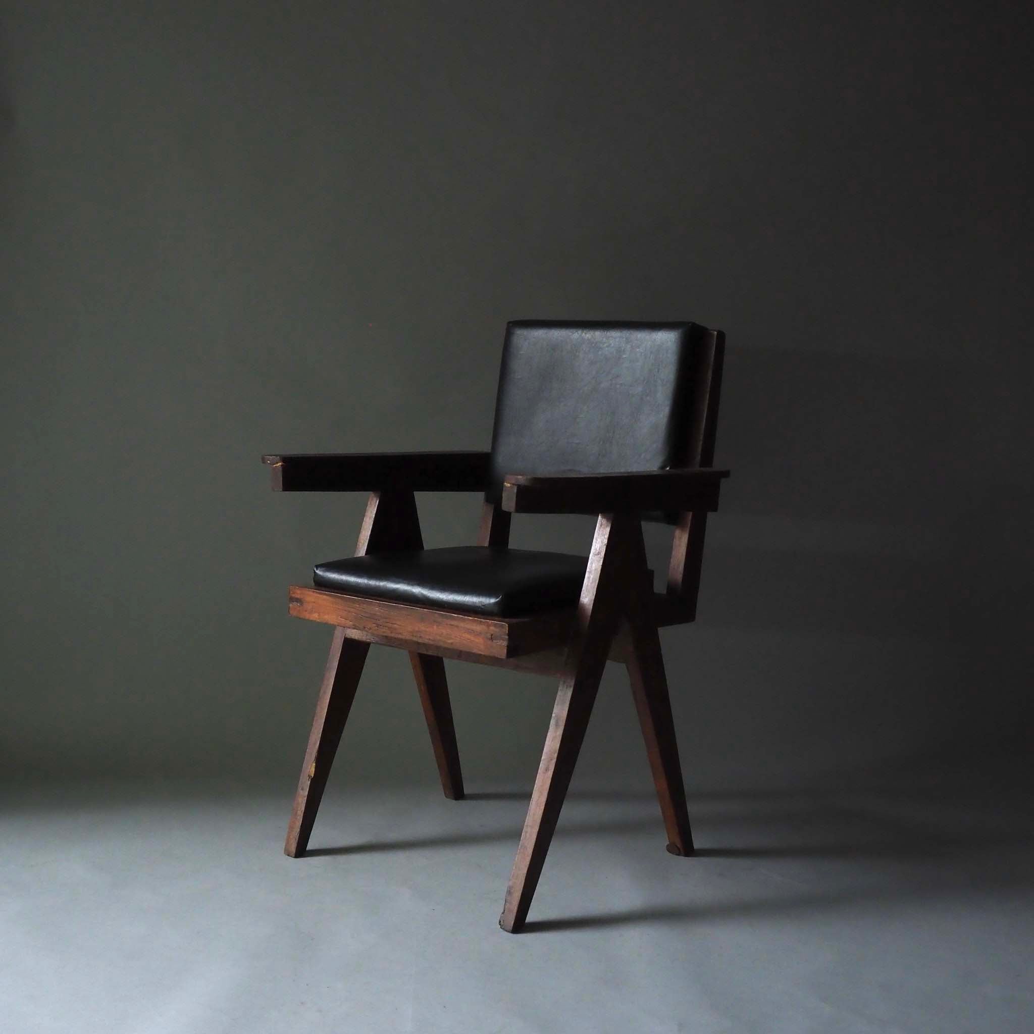 Office Chair by Pierre Jeanneret,Black Leather Pad, 1958