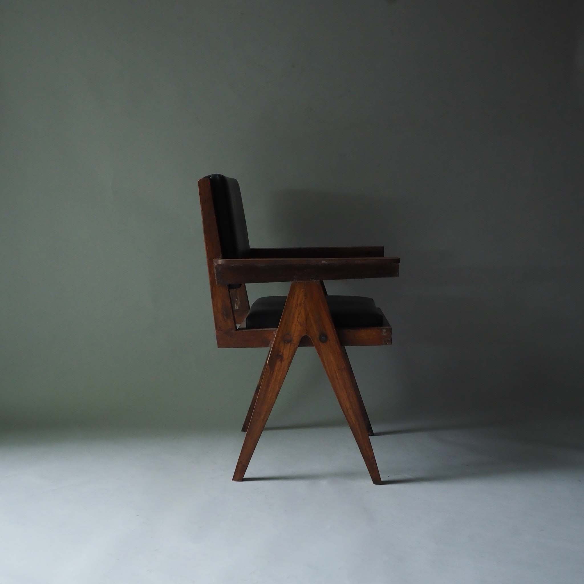 Office Chair by Pierre Jeanneret,Black Leather Pad, 1958