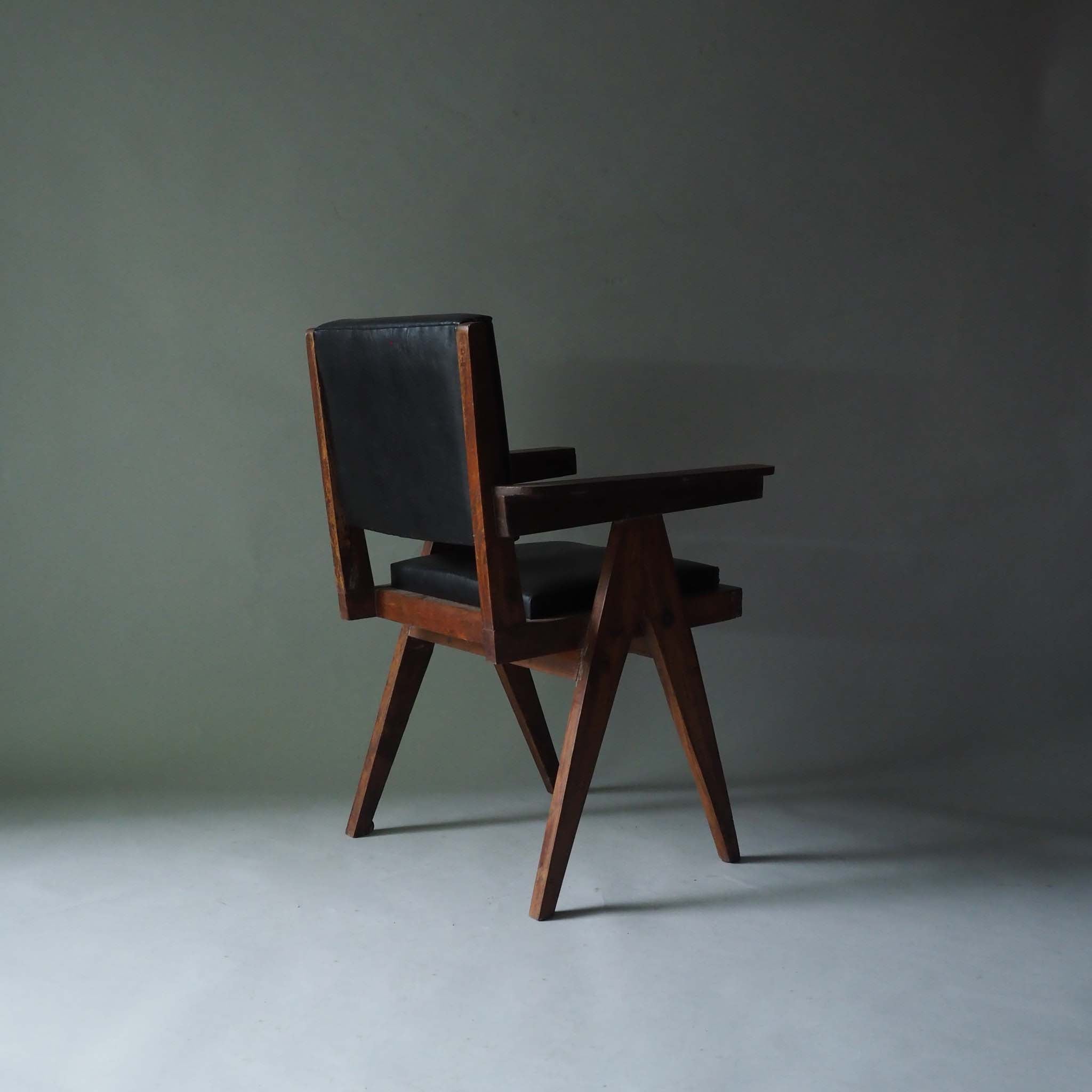 Office Chair by Pierre Jeanneret,Black Leather Pad, 1958