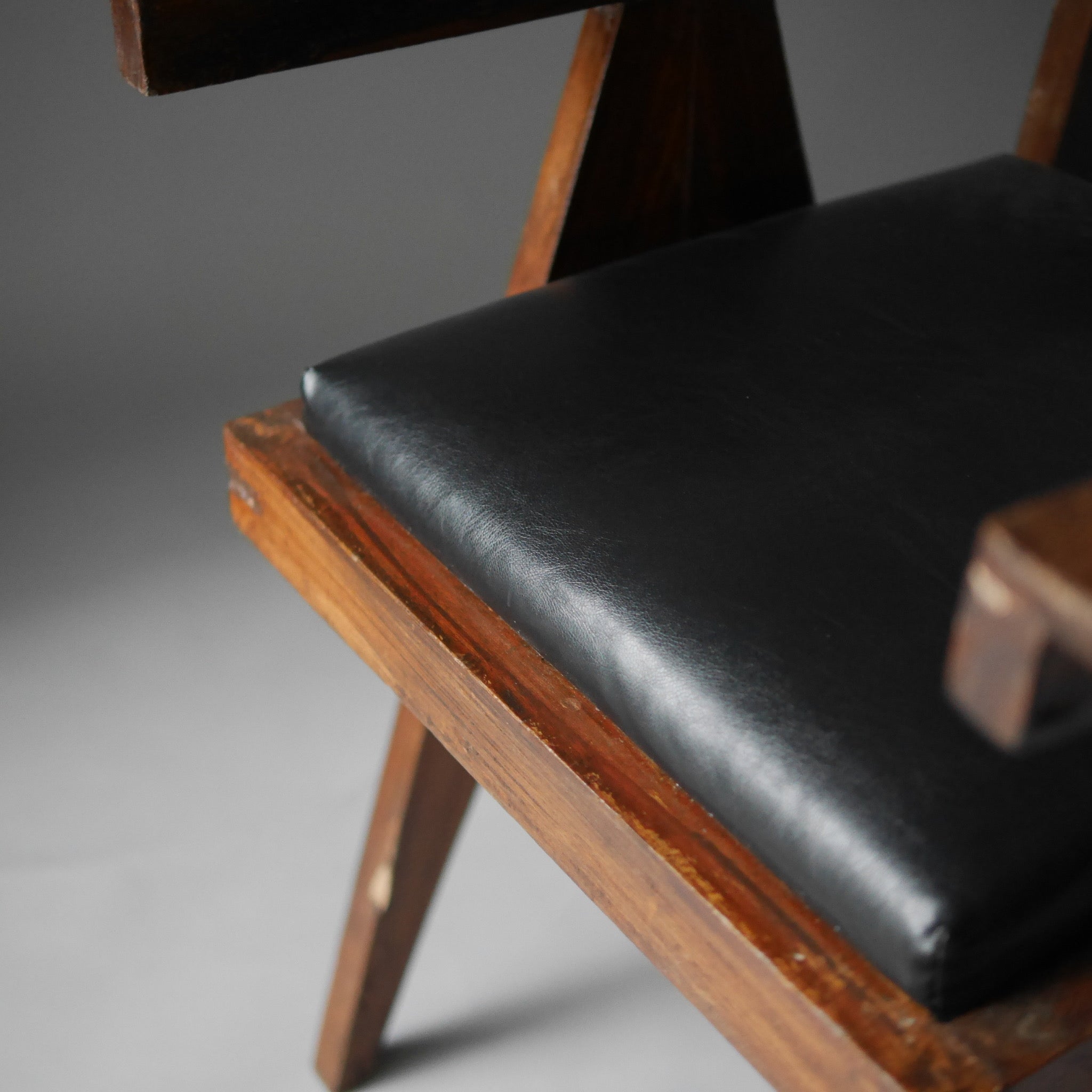 Office Chair by Pierre Jeanneret,Black Leather Pad, 1958