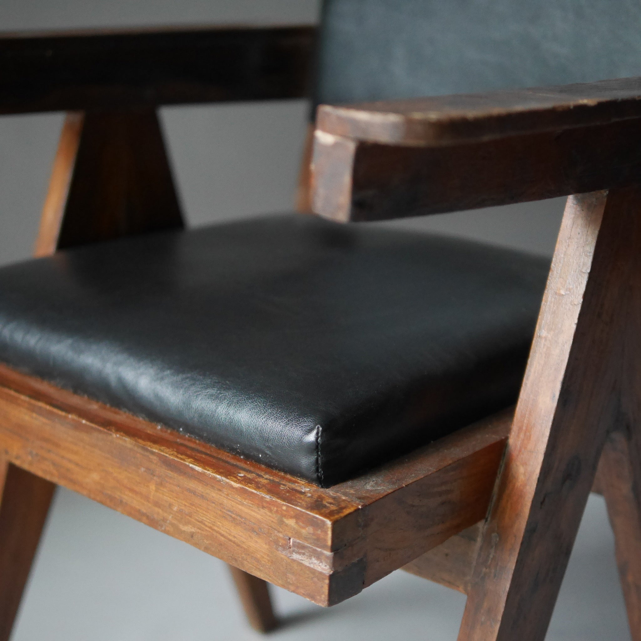 Office Chair by Pierre Jeanneret,Black Leather Pad, 1958