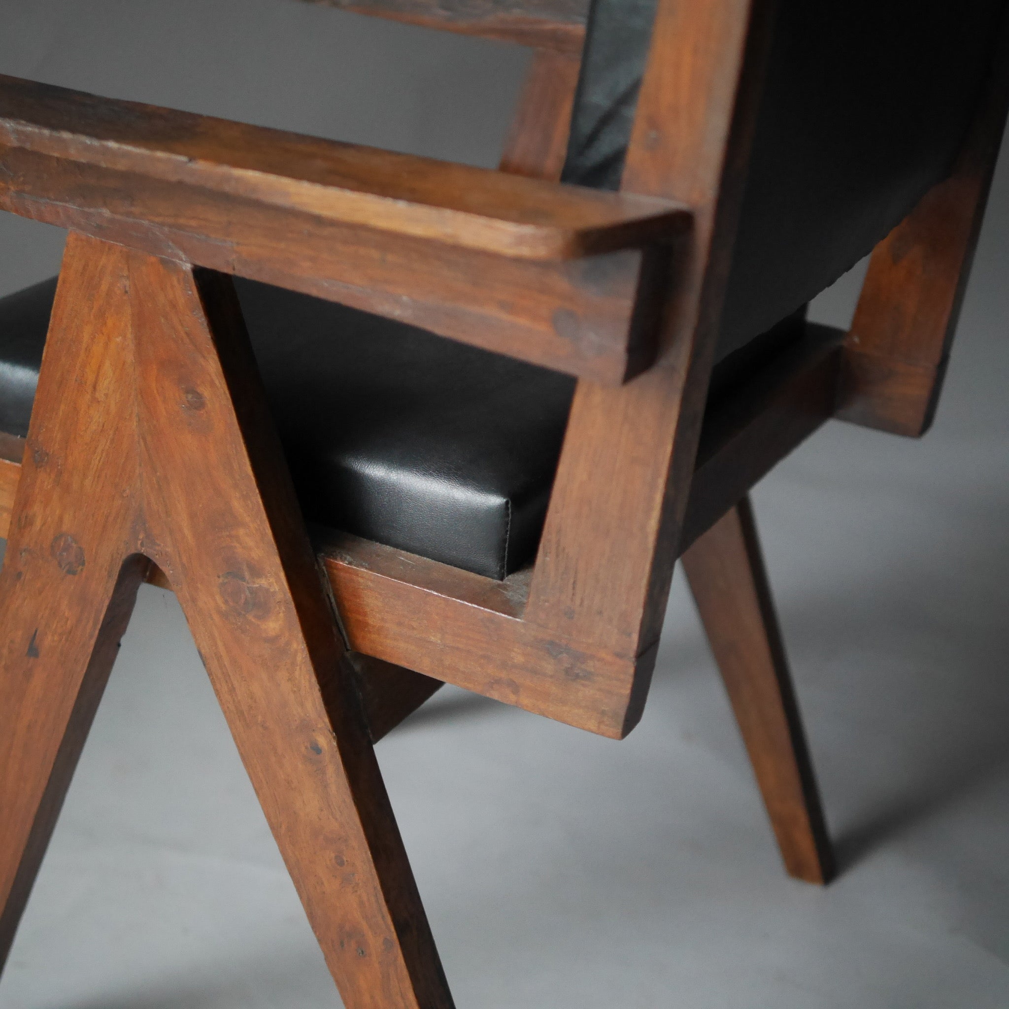 Office Chair by Pierre Jeanneret,Black Leather Pad, 1958