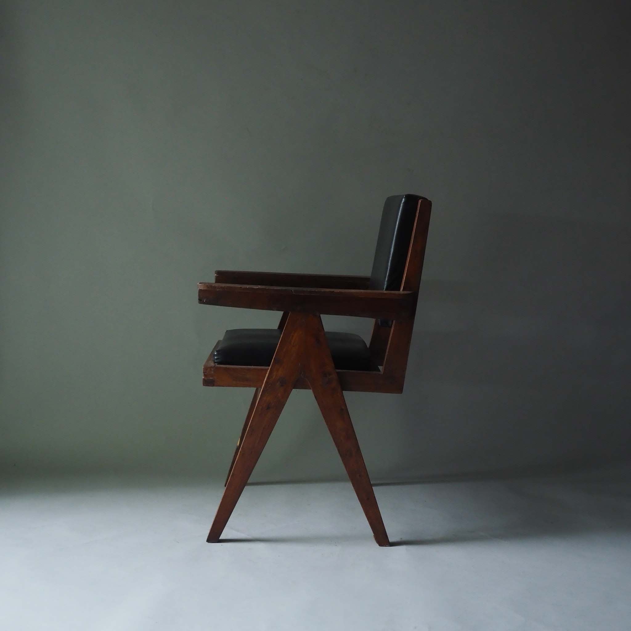 Office Chair by Pierre Jeanneret,Black Leather Pad, 1958
