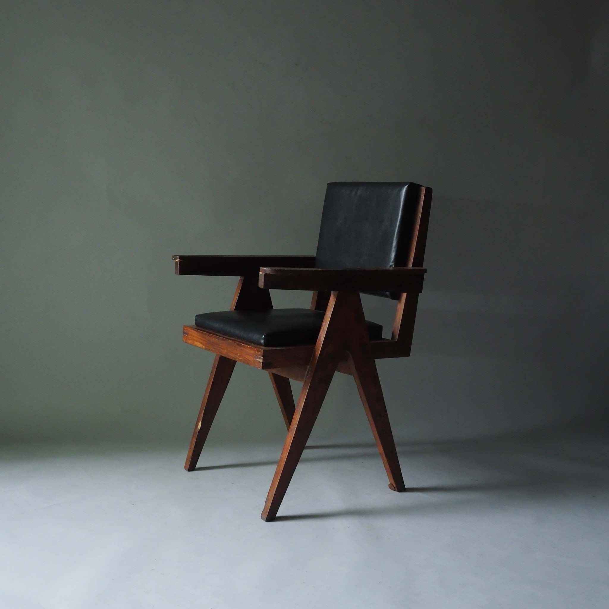 Office Chair by Pierre Jeanneret,Black Leather Pad, 1958